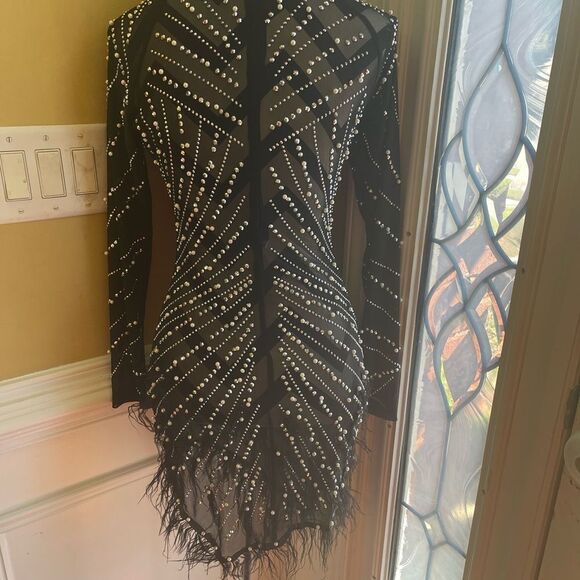 Unbranded Luxury Rhinestones & Pearls Feather Mini dress feather accents Size S - Picture 7 of 16